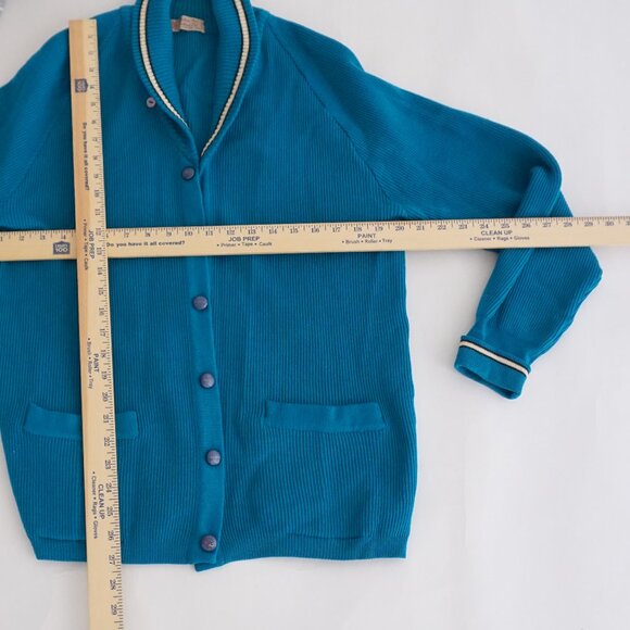 Vintage Italian Art Knitting Teal Ribs Knit Button Cardigan Stripe Collar L (42) - Picture 3 of 9